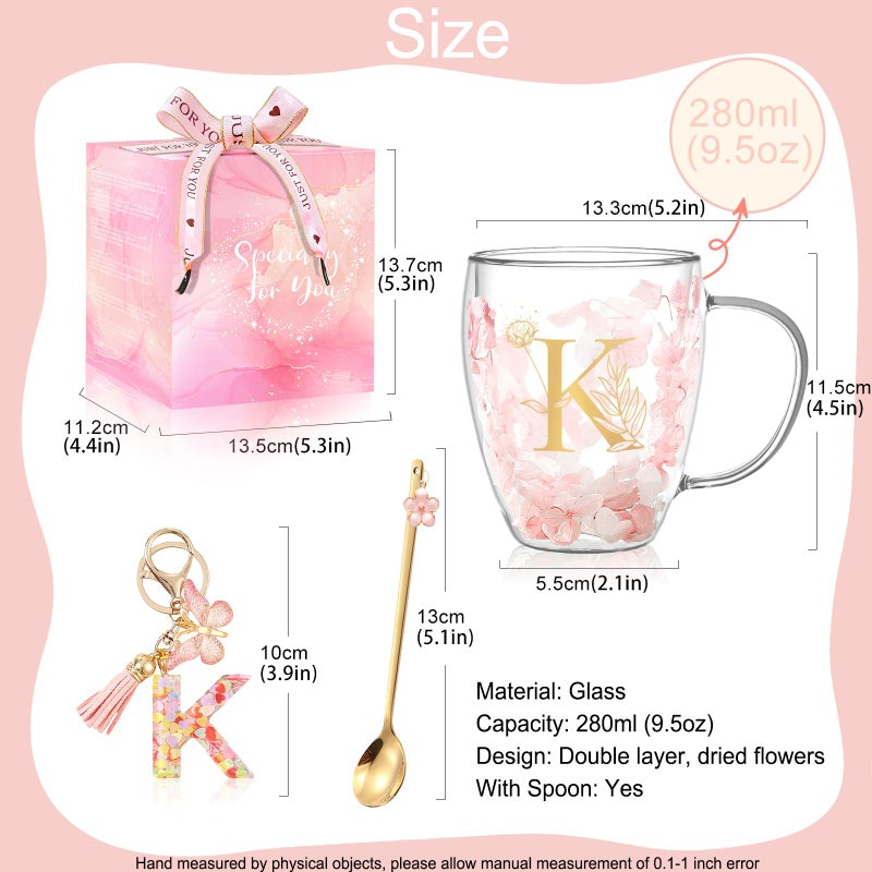 BigNoseDeer Personalized Gifts for Women Double Wall Flower Glass Coffee Mug Tea cup With Spoon Monogrammed Customized Gifts Birthday Christmas Valentine Mother's Day Gift for Mom Her Wife Friends Bride Sister(K) - Image 4