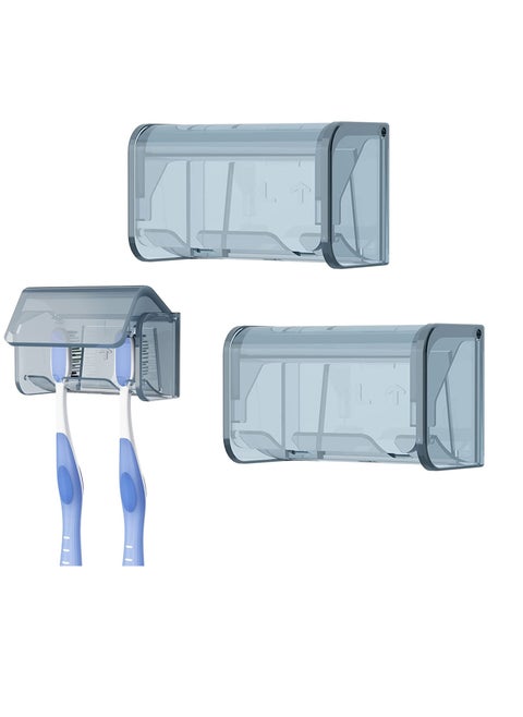Wall-Mounted Toothbrush Holder with Cover - 2 Pack Self-Adhesive Organizer for Bathroom & Dorm, 2 Slots Grey Toothbrush Rack