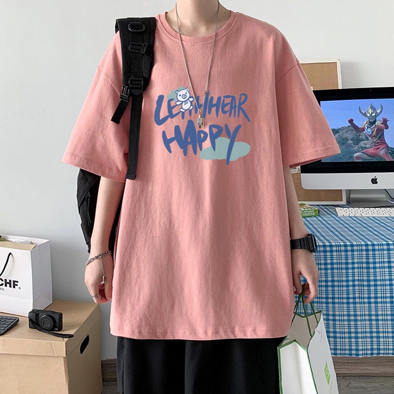 2024 Summer Short-sleeved T-shirt Mens Loose Trendy Ins Hong Kong Style All-match T-shirt Top Plus Size Half-sleeve Top for Chubby Pink T128LE bear 