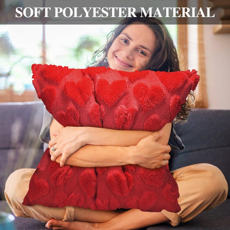 Finphoon Valentines Pillow Covers 18x18 inch Set of 2, Red Heart Soft Plush Short Throw Pillow Cover, Valentines Day Decoration Case Pillow for Sofa Couch Bed Holiday Outdoor Home Decorations - Image 5