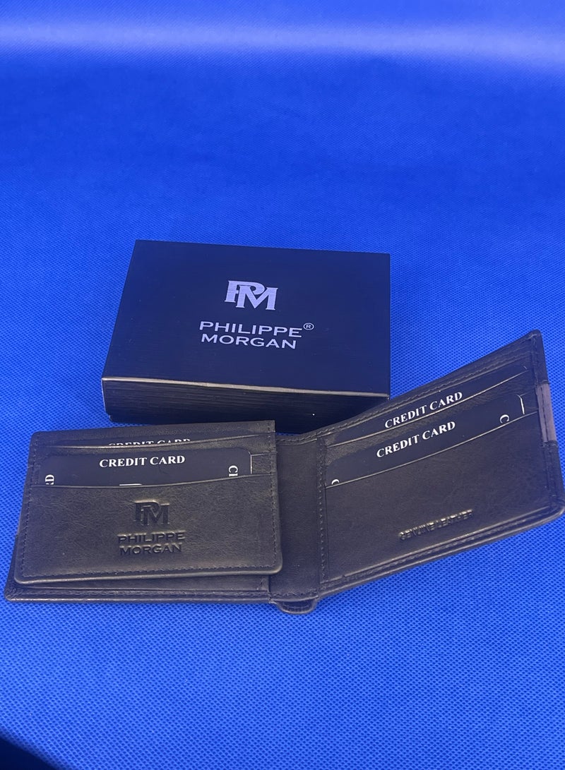 فيليب مورجان محفظة جلدية أصلية فاخرة قابلة للطي للرجال لون أسود - Image 2