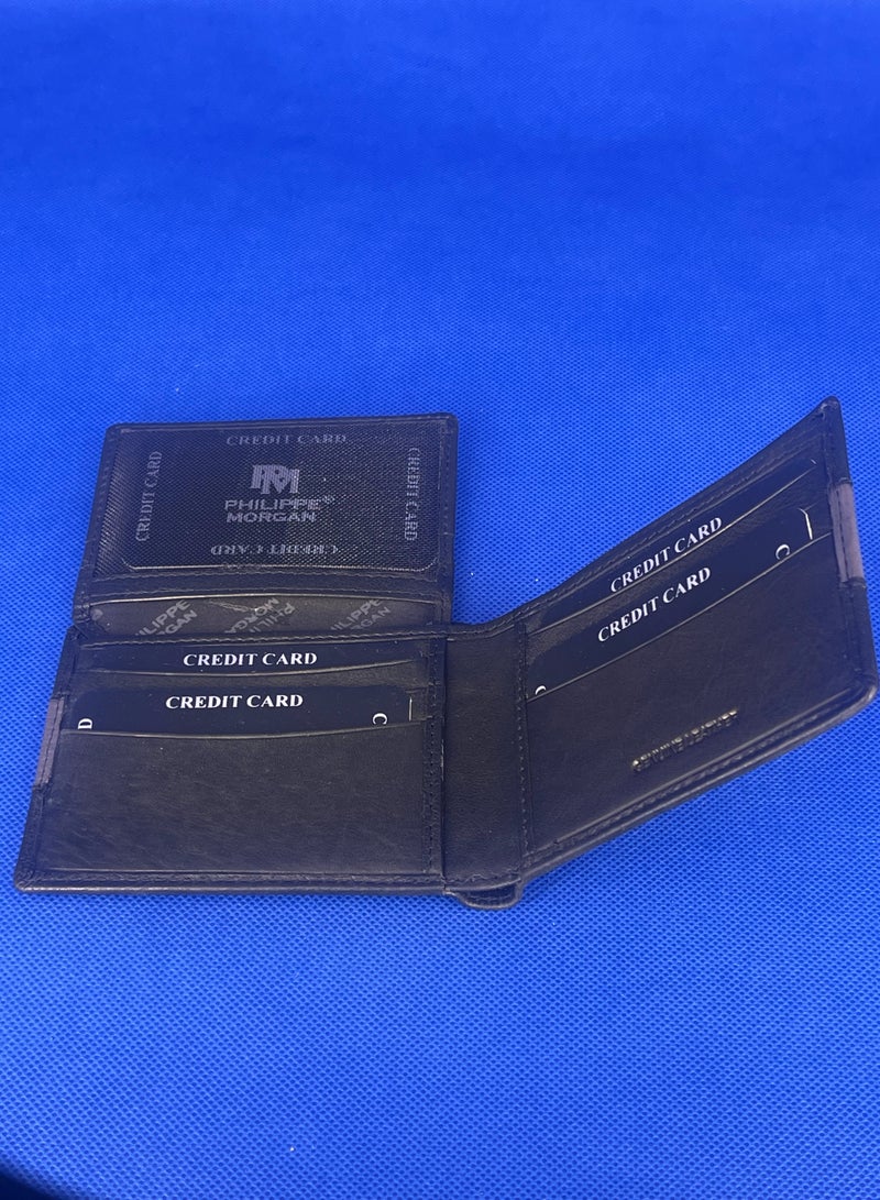 فيليب مورجان محفظة جلدية أصلية فاخرة قابلة للطي للرجال لون أسود - Image 3