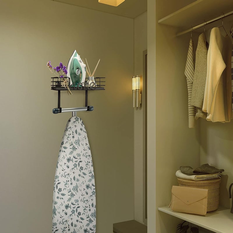 TJMOREE Ironing Board Hanger Wall Mount- Laundry Room Decor- Iron and Ironing Board Holder, Laundry Room Organization and Storage with Large Storage Dark Gray Wooden Base Basket and Removable Hooks - Image 4