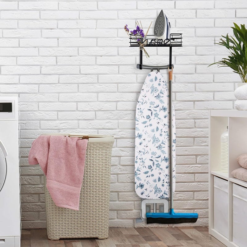 TJMOREE Ironing Board Hanger Wall Mount- Laundry Room Decor- Iron and Ironing Board Holder, Laundry Room Organization and Storage with Large Storage Dark Gray Wooden Base Basket and Removable Hooks - Image 2