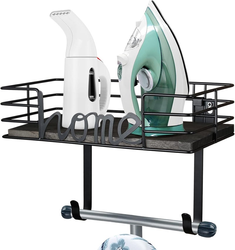 TJMOREE Ironing Board Hanger Wall Mount- Laundry Room Decor- Iron and Ironing Board Holder, Laundry Room Organization and Storage with Large Storage Dark Gray Wooden Base Basket and Removable Hooks - Image 1