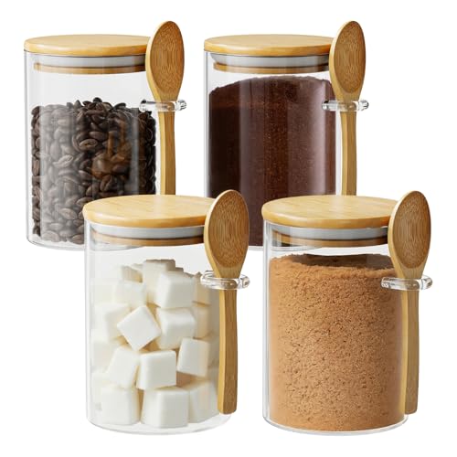 OneDream Glass Sugar Container with Spoon - 4 Pack 15oz Glass Jars with Bamboo Lid and Spoon, Bamboo Lid Storage Jar Containers for Coffee Beans, Spice, Brown Sugar, Tea, Flour, Nuts, Candy, Salts and More - Image 1