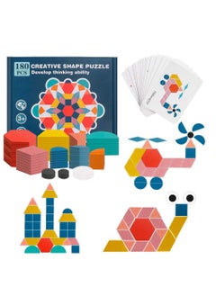 MIXDE 180Pcs Wooden Pattern Blocks Set Brain Teaser Puzzle Tangrams Educational Montessori Toys Stem Kindergarten Preschool Learning Game with 24Pcs Flash Cards Gifts for Toddlers Kids Boys Girls  - Image 1