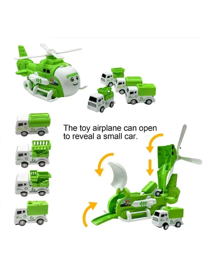 Kidzilla 2-in-1 Transformable Cargo Airplane Toy Storage Vehicle Set - Includes 4 Pull-Back Construction & Sanitation Engineering Trucks - Image 2
