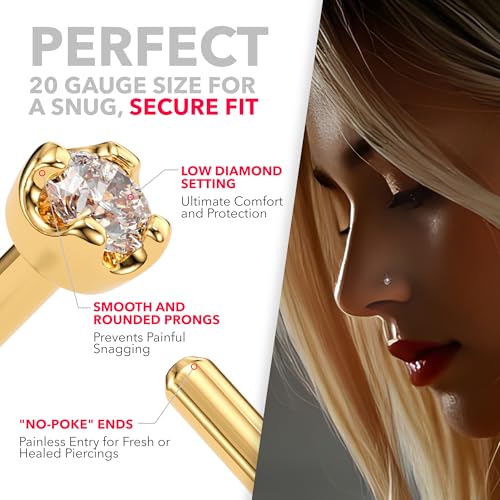 Body Candy 14k Gold L-Shaped Nose Ring with 1.5mm Diamond (0.015 cttw), Hypoallergenic Nose Jewelry - Handmade in USA, 20 Gauge 1/4 inch at Bend - Image 3