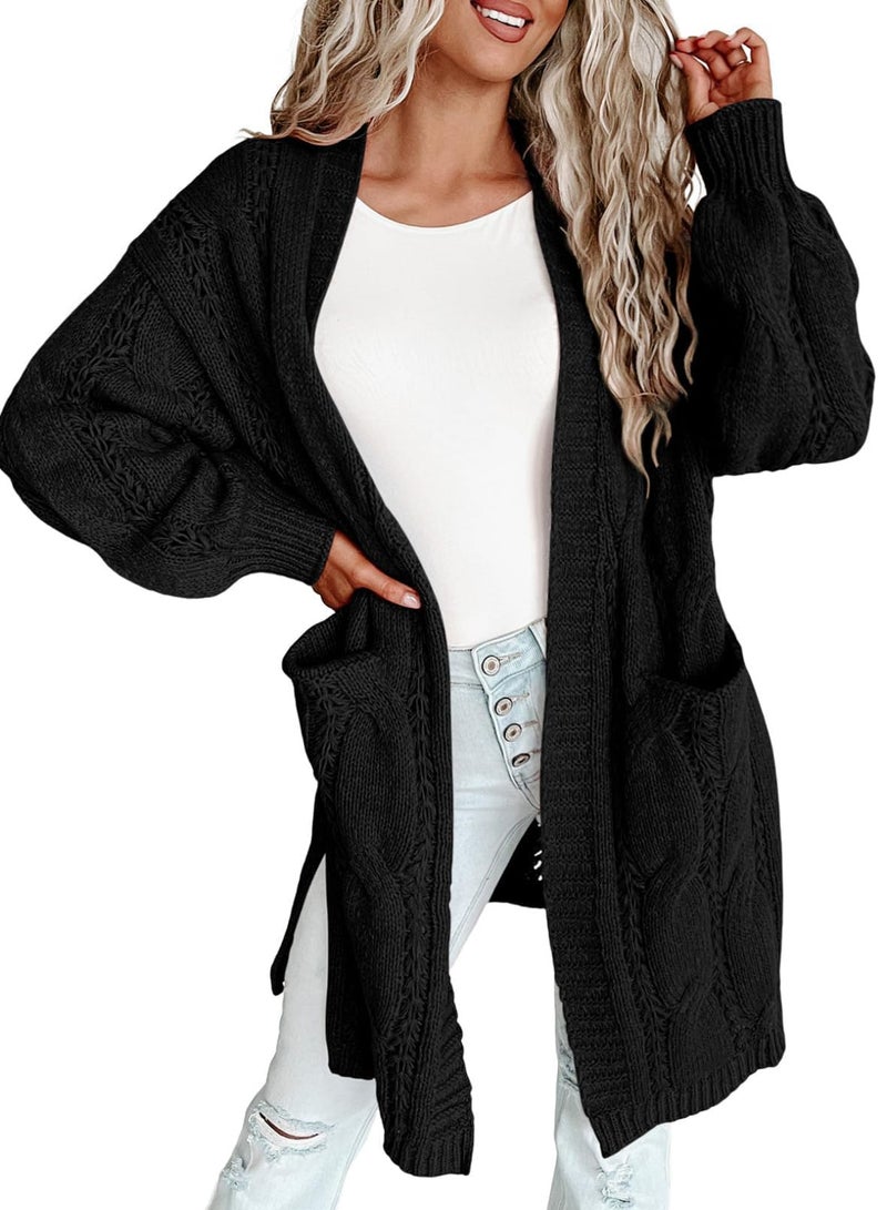 Dokotoo Cardigan Christmas Sweaters for Women Open Front Fall 2025 Trendy Lightweight Side Split Fall Knit Cute Sweaters with Pockets Trendy Clothing Oversized,Black Large - Image 1