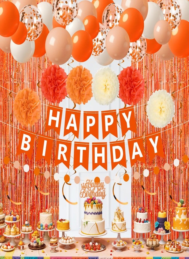 Woosytoo Orange Birthday Decorations Orange White Happy Birthday Banner Balloons Hanging Swirls Fringe Curtain Backdrop for Fall Autumn Harvest Thanksgiving Halloween Party Supplies - Image 1
