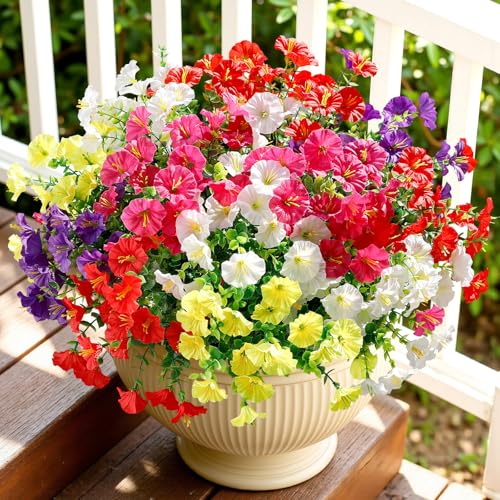 Alupssuc 24 Bundles Artificial Flowers for Outdoors Spring Decoration UV Resistant Faux Petunia Silk Morning Glory with Eucalyptus Realistic Fake Flowers for Yard Planter Porch Garden 5 Colors - Image 3