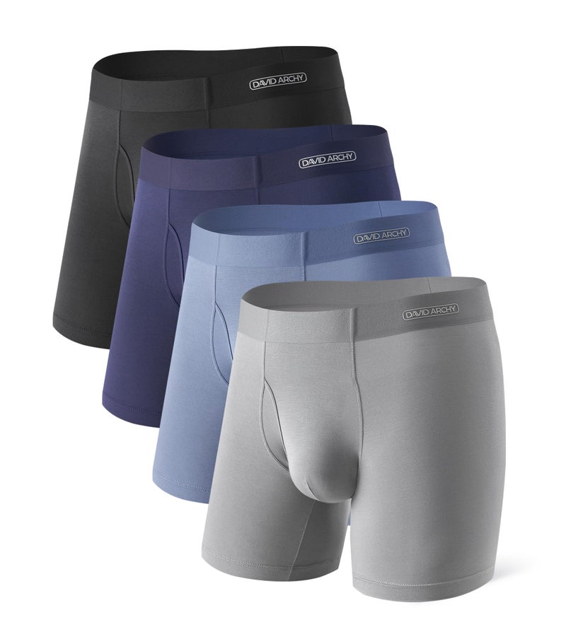 DAVID ARCHY Mens Underwear Silky Soft Second Skin Modal Boxer Briefs Waistfree Seamless Waistband Underwear for Men Pack of 4 (M, Black/Navy Blue/Gray Blue/Gray) - Image 1