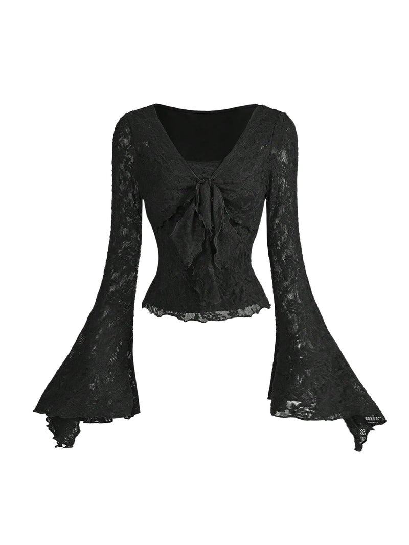 Verdusa Women's Y2K Cute Bell Sleeve Tops Floral Print Mesh Summer Long Sleeve Going Out Tops 2000s Clothing Black Medium - Image 1