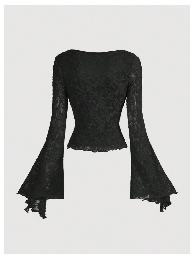 Verdusa Women's Y2K Cute Bell Sleeve Tops Floral Print Mesh Summer Long Sleeve Going Out Tops 2000s Clothing Black Medium - Image 2