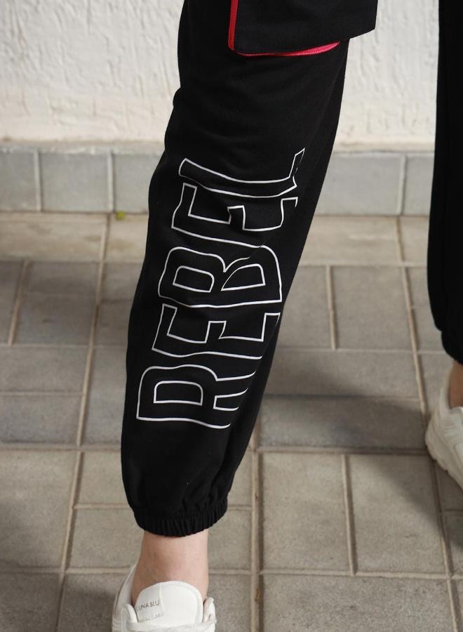 Hubberholme Women's Black Cotton Blend Printed Full Length Cargo Regular Fit Trouser - Image 2