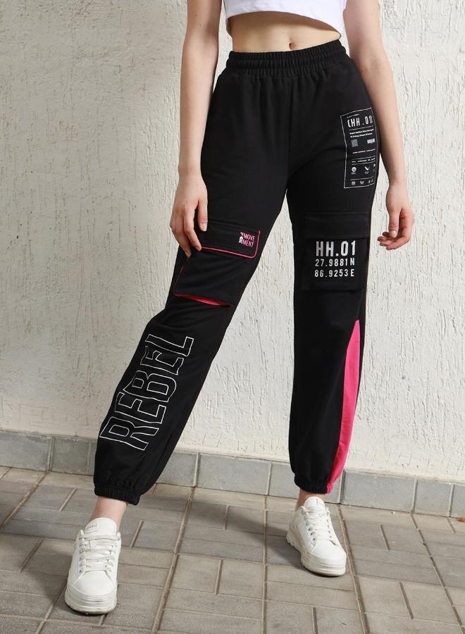 Hubberholme Women's Black Cotton Blend Printed Full Length Cargo Regular Fit Trouser - Image 1