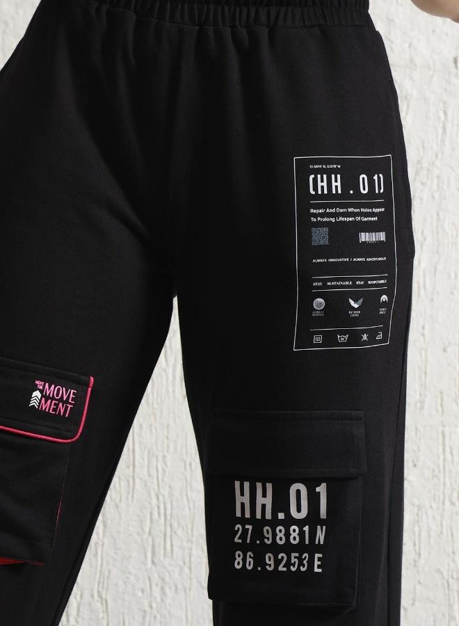 Hubberholme Women's Black Cotton Blend Printed Full Length Cargo Regular Fit Trouser - Image 5