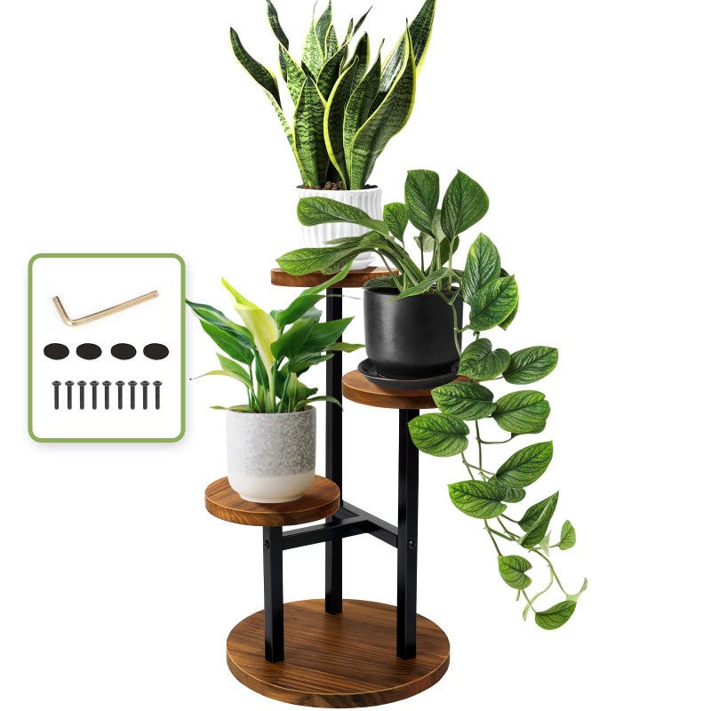 AUGOSTA 3 Tier Plant Stand, Tall Metal Wood Shelf Holder for Indoor, Outdoor Display Rack Flower Pot Stand for Corner Living Room Balcony Garden Patio - Image 1