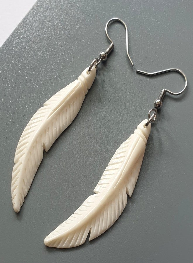 Swimmi 2.4 inch Bone Feather Earrings, Hand Craved Feather Bone Earrings, Handmade Dangle Drop Hook Bone Jewelry FA026 - Image 2