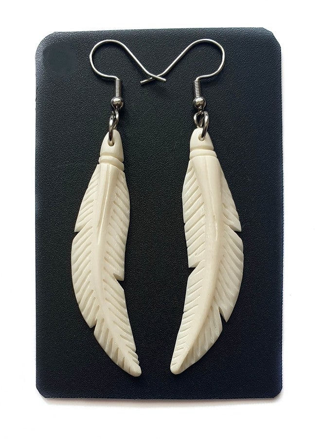 Swimmi 2.4 inch Bone Feather Earrings, Hand Craved Feather Bone Earrings, Handmade Dangle Drop Hook Bone Jewelry FA026 - Image 1