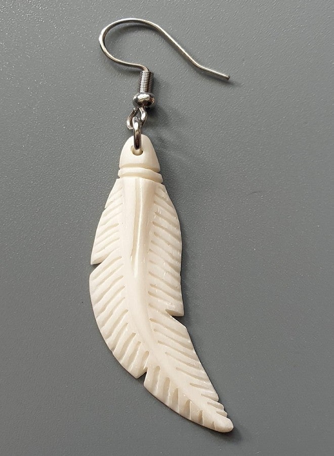 Swimmi 2.4 inch Bone Feather Earrings, Hand Craved Feather Bone Earrings, Handmade Dangle Drop Hook Bone Jewelry FA026 - Image 5