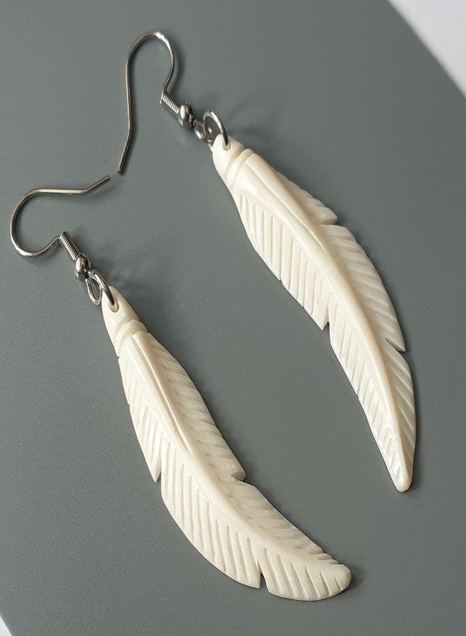 Swimmi 2.4 inch Bone Feather Earrings, Hand Craved Feather Bone Earrings, Handmade Dangle Drop Hook Bone Jewelry FA026 - Image 3