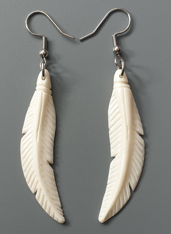 Swimmi 2.4 inch Bone Feather Earrings, Hand Craved Feather Bone Earrings, Handmade Dangle Drop Hook Bone Jewelry FA026 - Image 4