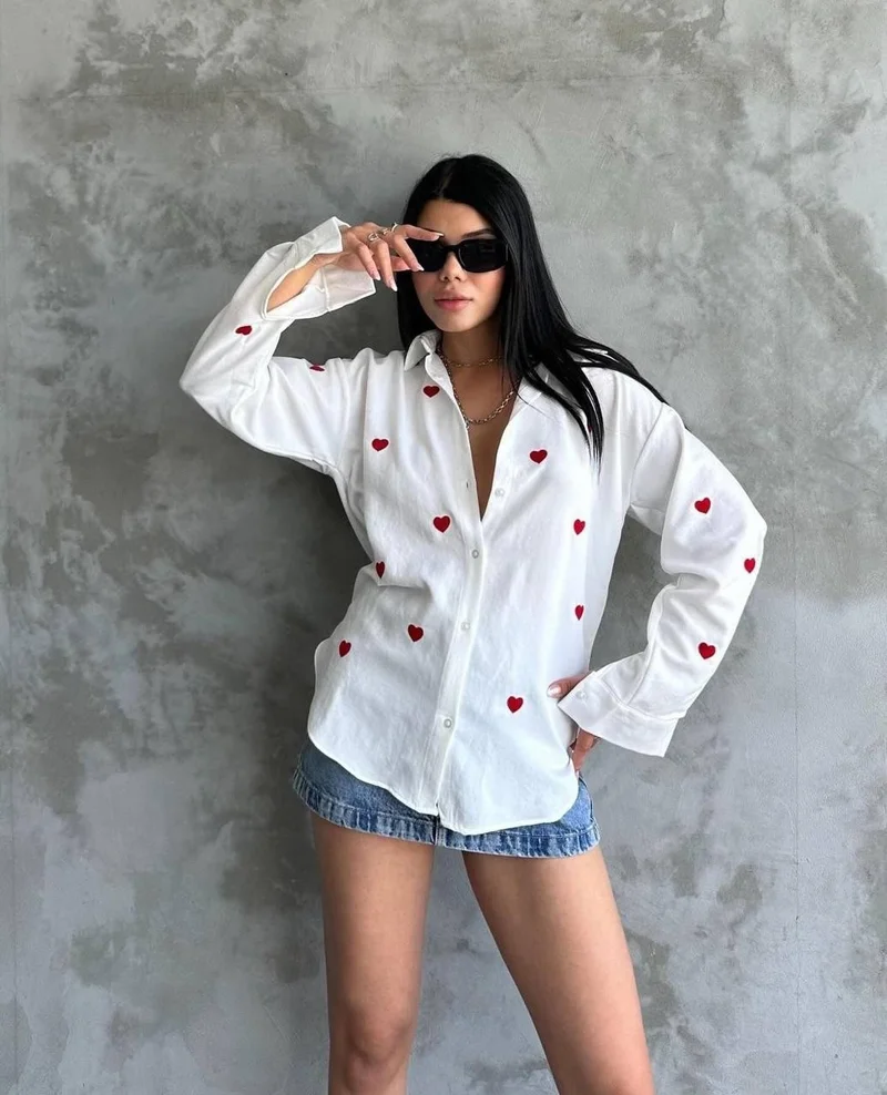 Ded Collection Women's Red Heart Embroidered White Linen Shirt
