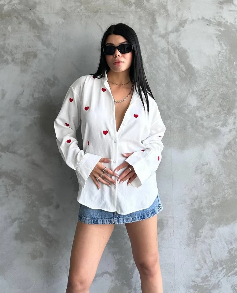 Ded Collection Women's Red Heart Embroidered White Linen Shirt