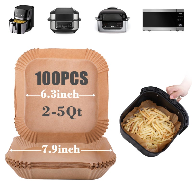 GOAUS Air Fryer 100pcs Square Paper Liners Disposable for 2 to 5 Qt Basket 63 inch Unbleached Nonstick Oilproof Parchment Paper