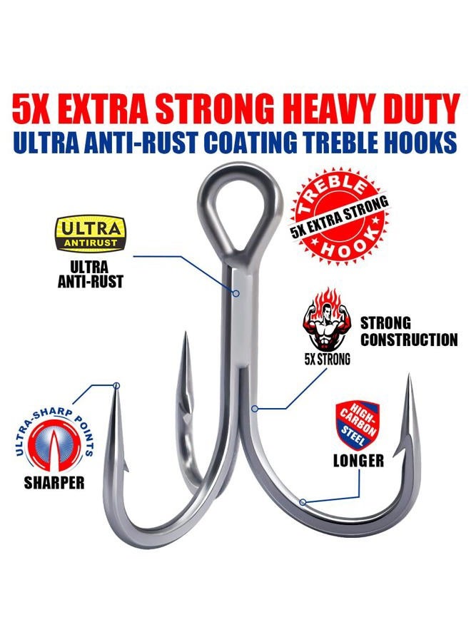 LURELINK Fishing-Treble-Hooks-5X-Extra-Strong-Heavy-Duty Ultra Anti-Rust Bulk Hooks for Saltwater and Freshwater Fishing Sizes 5/0 to #8 (5X Extra Strong, Size:4 24-Pack) - Image 2