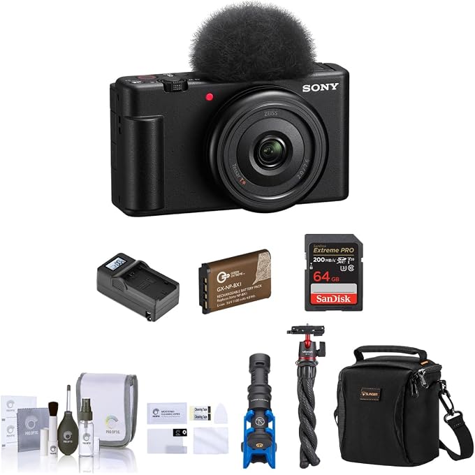Sony ZV-1F Vlogging Camera, Black Bundle with 64GB SD Card, Shoulder Bag, Shotgun Mic, Tripod, Extra Battery, Charger, Cleaning Kit - Image 1