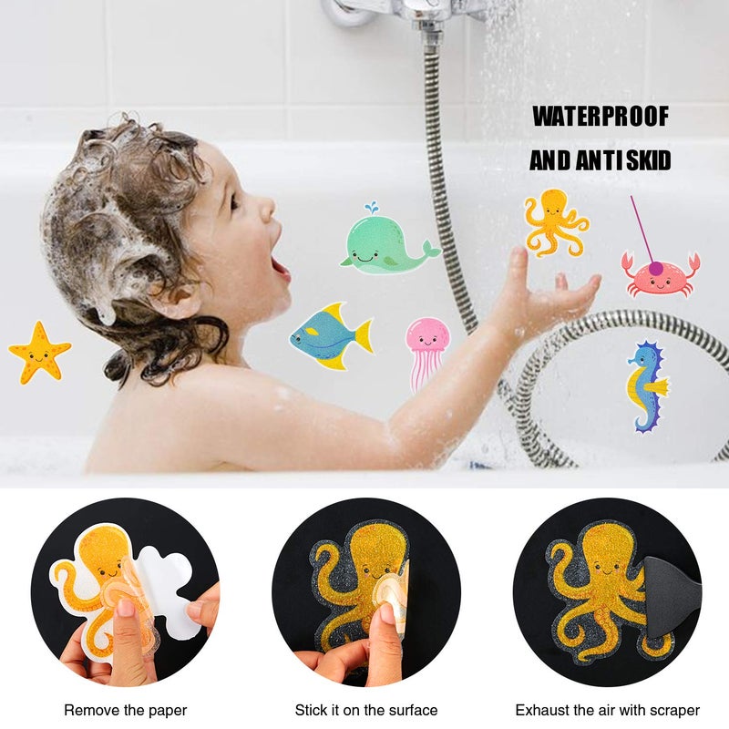 Secopad Non Slip Bathtub Stickers, 14 PCS Large Sea Adhesive Kids Anti Slip Decal Treads for Shower and Bath Tub with Premium Scraper - Image 5