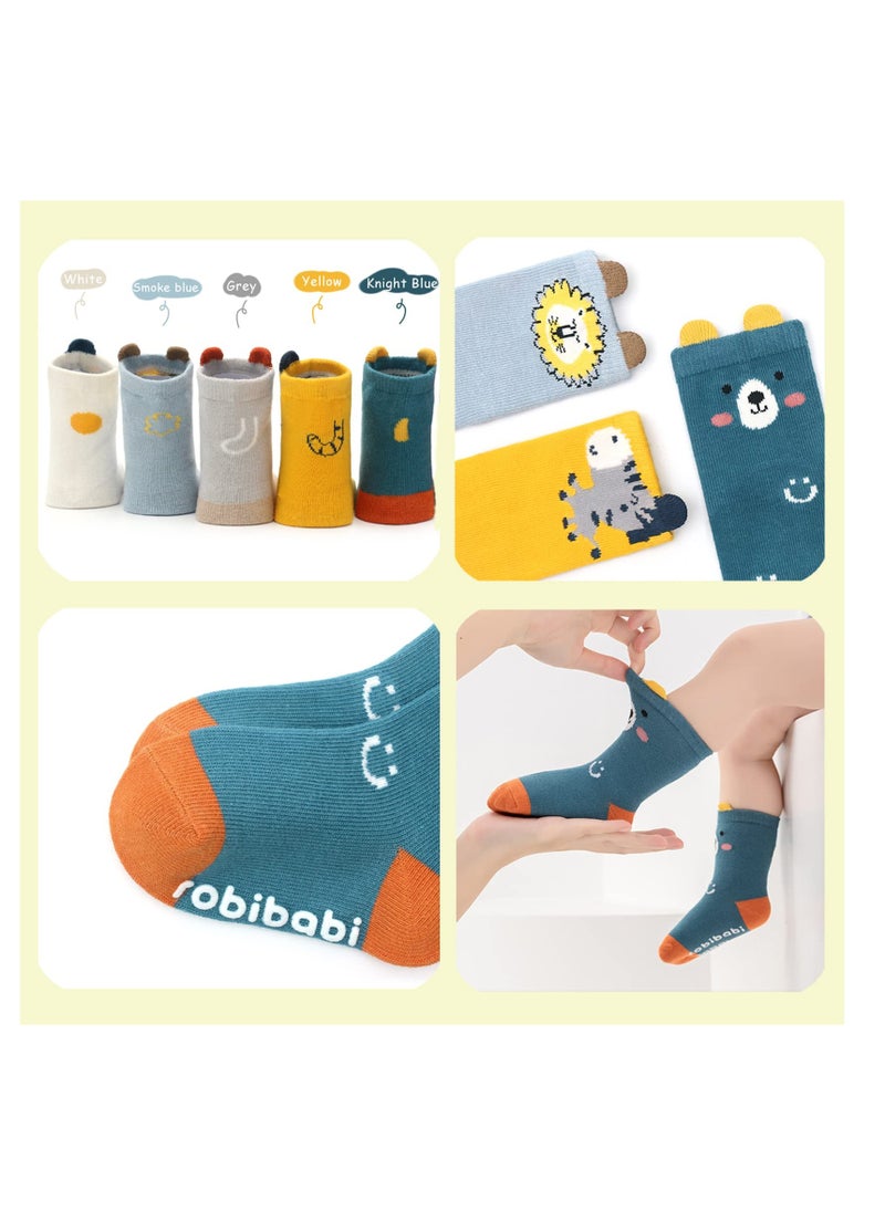 SYOSI - Toddler Non Slip Socks, Animal Grip Tube Baby Socks Anti-Skid Cartoon Crew Socks 5 Pairs  M Size - Image 1