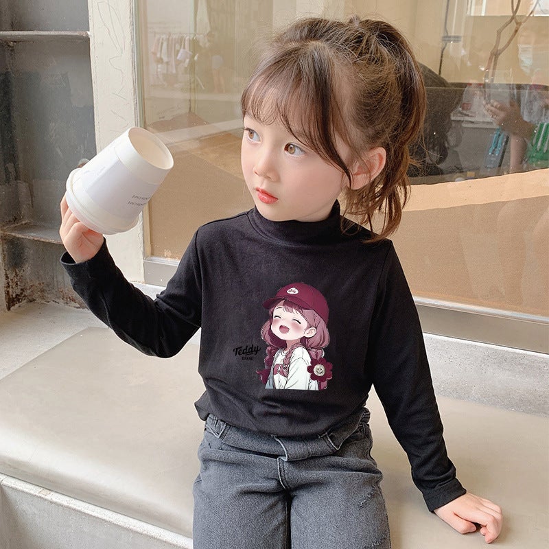 Children'S Base Shirt Half-High Collar Girl'S White Baby'S Long-Sleeved T-Shirt De-Velvet Base T-Shirt - Image 1
