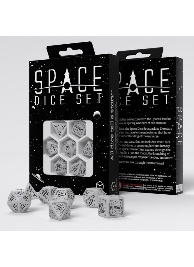 Q WORKSHOP - Q-Workshop Space Dice Set Apollo Rpg Dice Set Inspired By Nasa Apollo - Shimmering White With Black Engravings - Perfect For Tabletop Games & Rpgs - 7 Polyhedral Dice (D4, D6, D8, 2D10, D12, D20) - Image 1