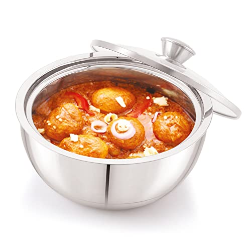 ANJALI EPSB90 Stainless Steel Elite Pro Double Walled Insulated Serving Bowl with Glass Lid 900 ml - Image 1