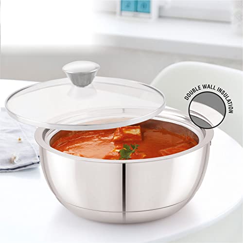 ANJALI EPSB90 Stainless Steel Elite Pro Double Walled Insulated Serving Bowl with Glass Lid 900 ml - Image 2