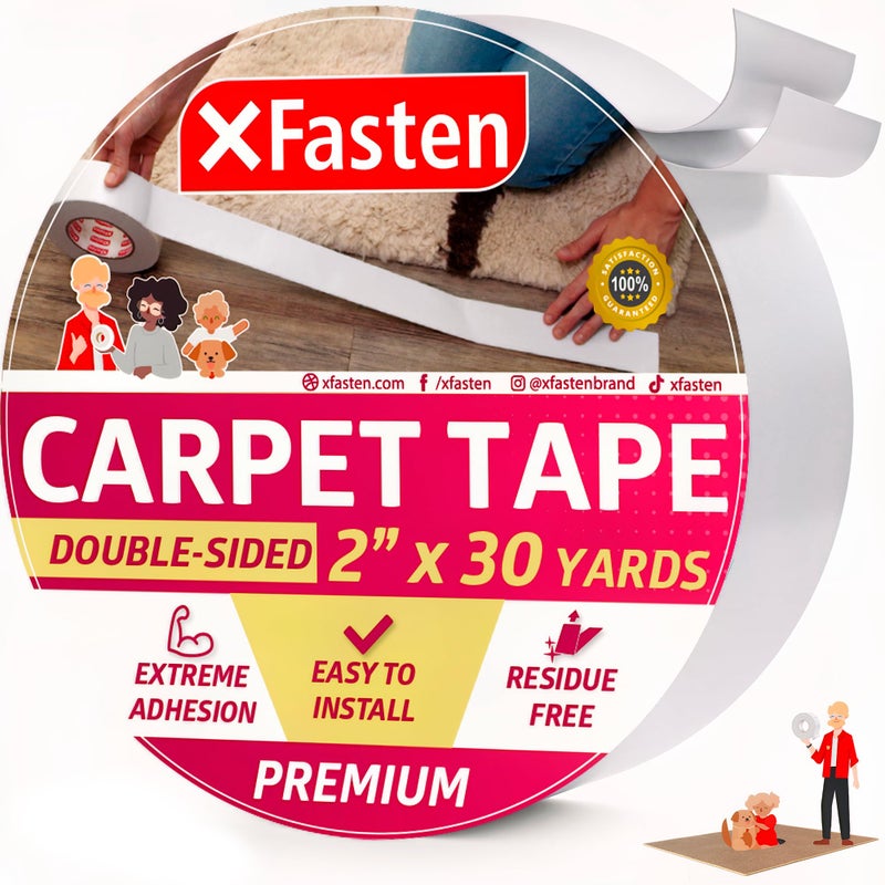 XFasten Double Sided Carpet Tape for Area Rugs, 2 Inch x 30 Yards â€“ Heavy Duty Anti Slip Rug Grip Tape, Works as Rug Grippers, Residue Free, Wood Safe, Easy Removal for Hardwood and Laminated Floors