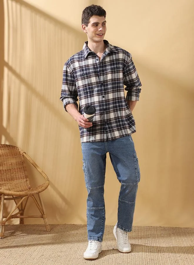 Dennis Lingo Men's Beige Flannel Checkered Button Down Relaxed Shirt