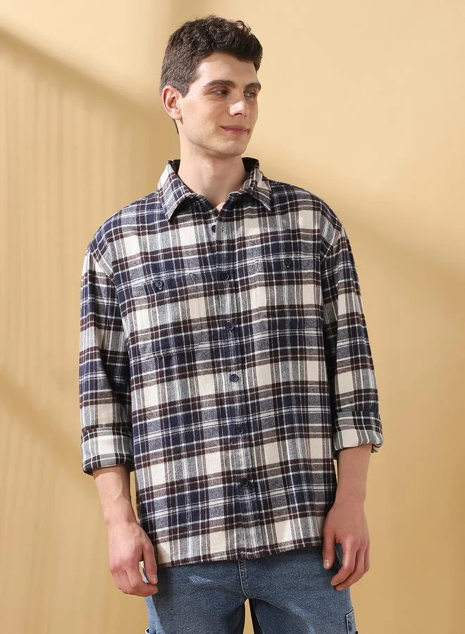 Dennis Lingo Men's Beige Flannel Checkered Button Down Relaxed Shirt