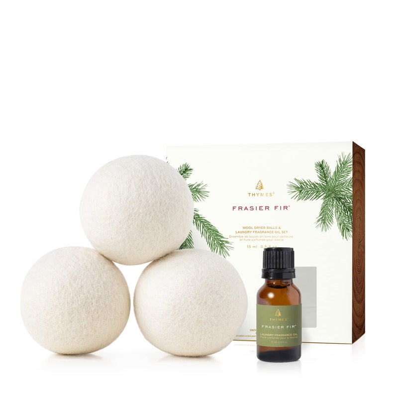 Thymes Wool Dryer Balls Set Includes 3 Wool Laundry Balls 1 Scented Laundry Fragrance Oil for Dryer Eliminate Wrinkles Static Lint Frasier Fir 05 fl oz