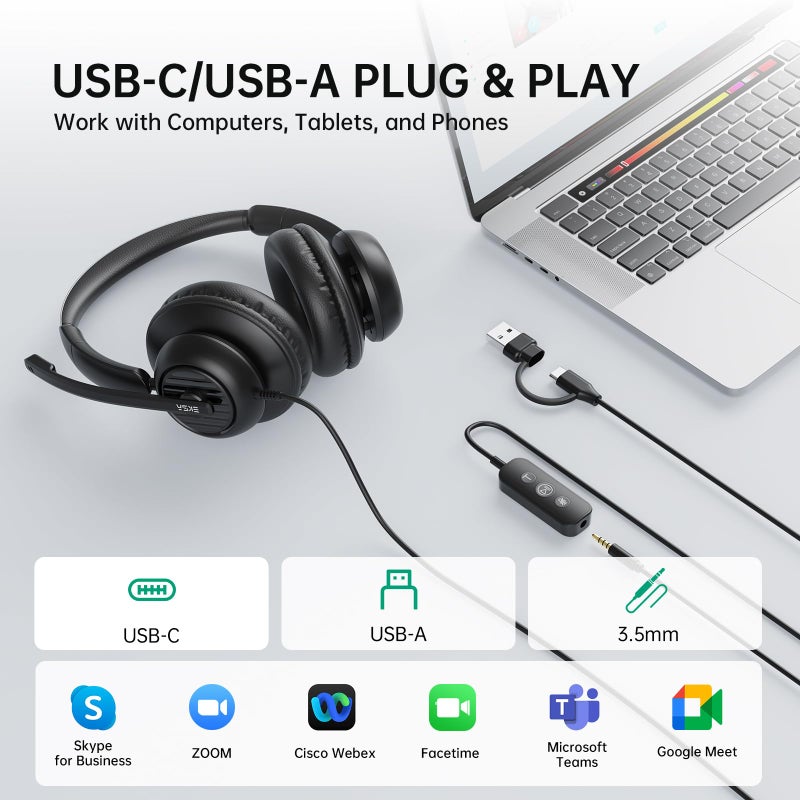 EKSA H8 USB Headset with Microphone for Work, Stereo Wired Computer Headphones with Mic Noise Cancelling, in Line Controls, 3.5mm Jack USB-C/A Over-Ear Headset for PC Laptop Office Call Center Teams - Image 5