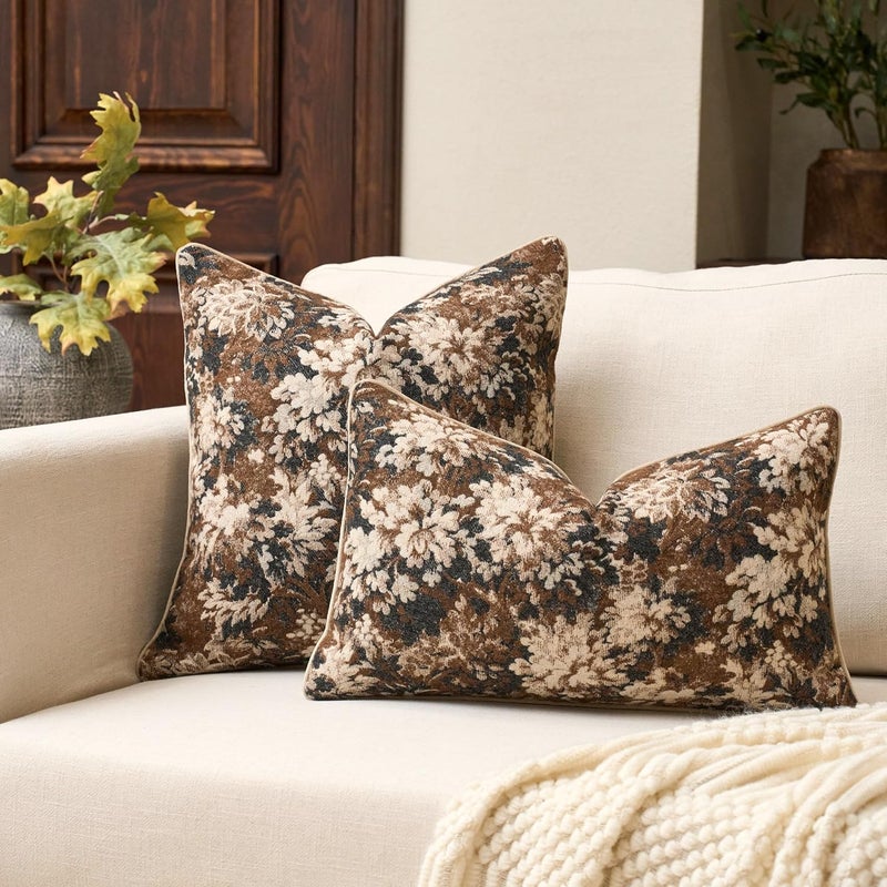 Yangest Neutral Floral Pillow Cover 24 x 24 Inches, Vintage Chenille Square Throw Pillow Cover Soft Decorative Farmhouse Accent Couch Pillow Cover for Living Room Bedroom, Coffee Brown - Image 5
