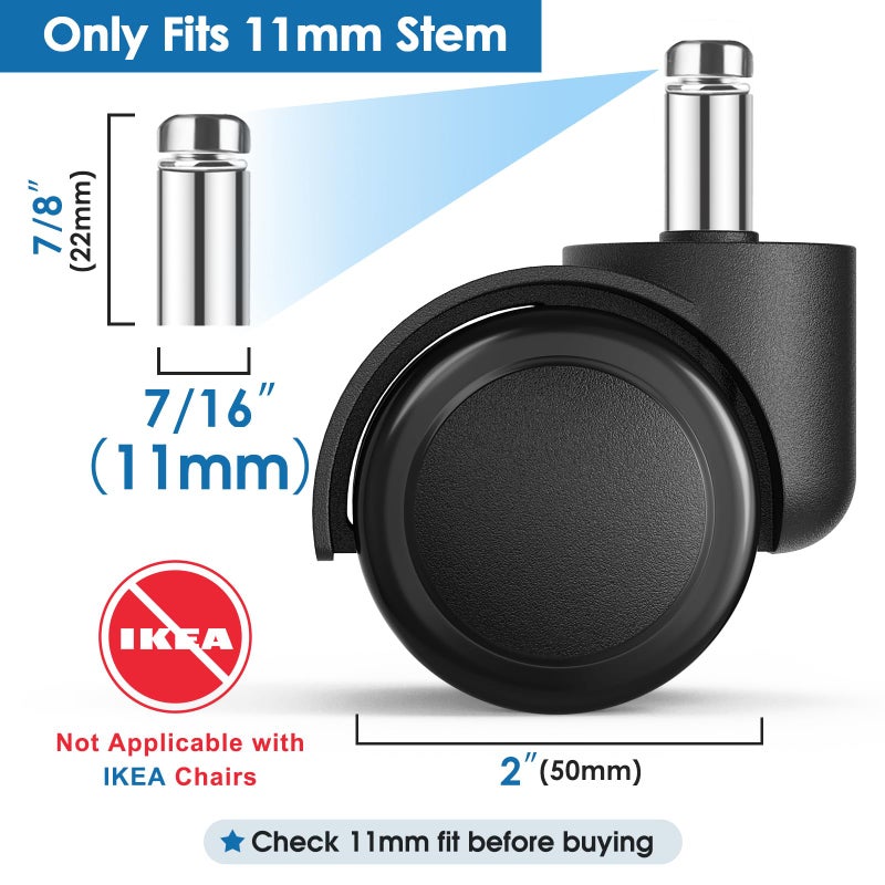 MaxGear 2" Office Chair Wheels Heavy Duty Replacement, Mute Rubber Rotating Desk Chair Caster Wheels, Safe for All Floors Including Hardwood, Only Fits 11mm Stem, NOT for 10mm or IKEA Chairs, Set of 5 - Image 2
