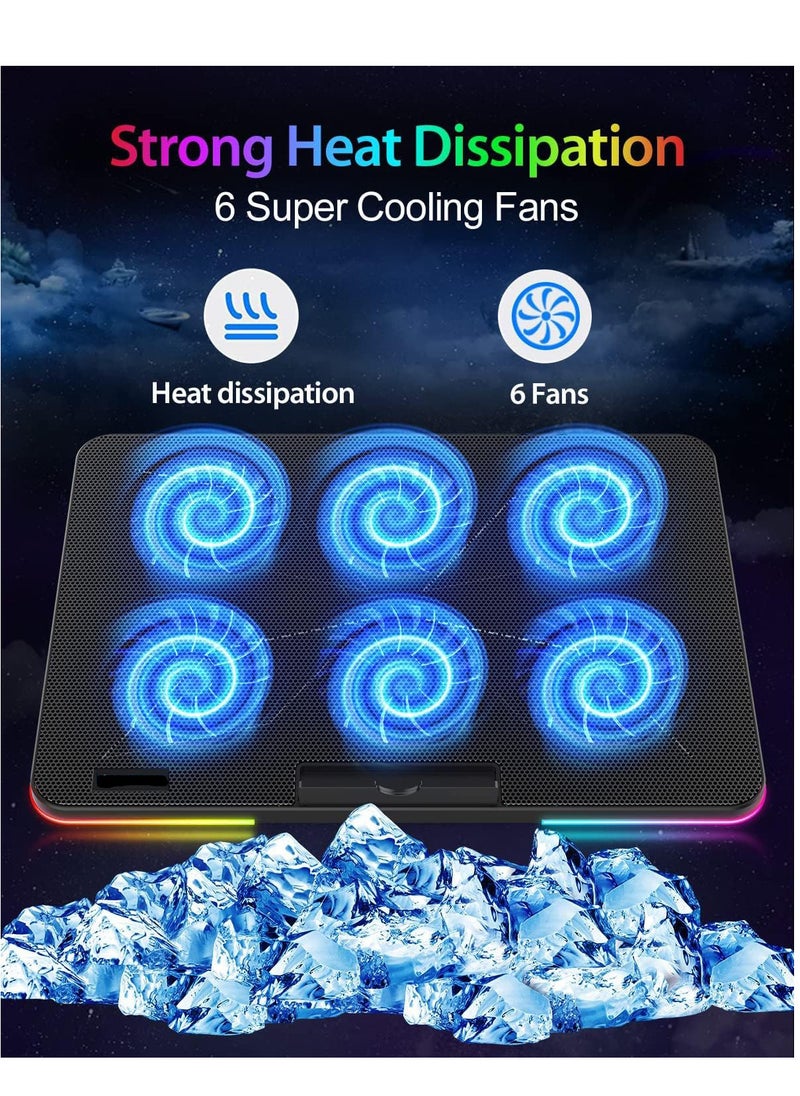 Generic - Laptop Cooling Pad, Laptop Cooler with 6 Quiet Fans for 15.6-17 Inch Gaming Fan Stable Stand, 7 Height Adjust, RGB Light 10 Modes, Switch Control Fan Speed, 2 USB Port & Phone Holder - Image 1