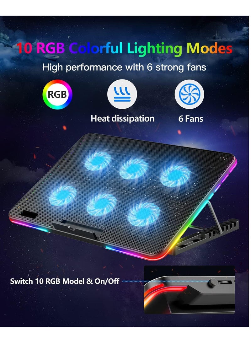 Generic - Laptop Cooling Pad, Laptop Cooler with 6 Quiet Fans for 15.6-17 Inch Gaming Fan Stable Stand, 7 Height Adjust, RGB Light 10 Modes, Switch Control Fan Speed, 2 USB Port & Phone Holder - Image 1