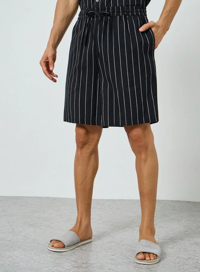 Styli  Men Black Striped Cotton Shirt and Shorts Set for Men | Best Price UAE