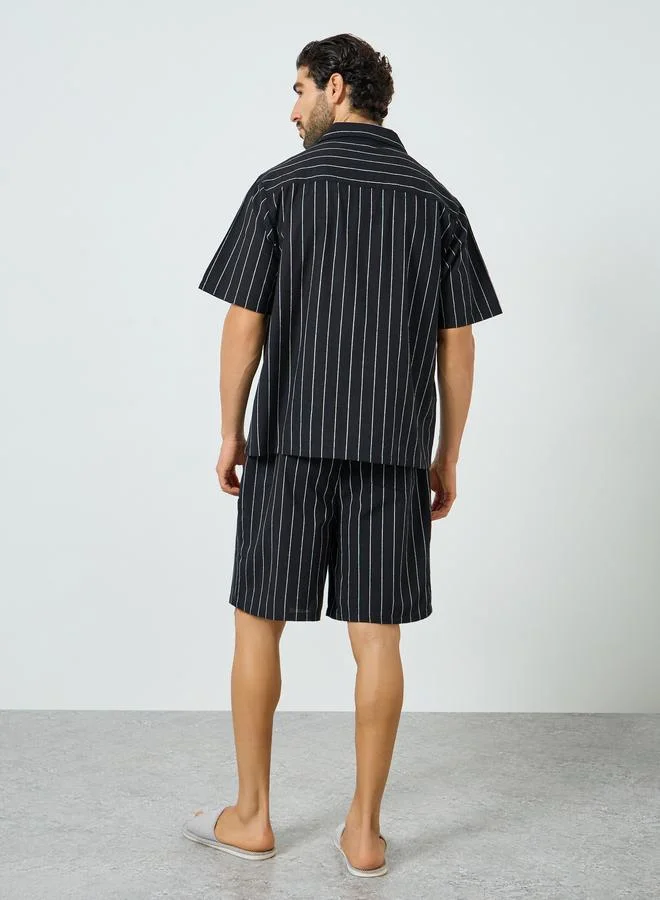 Styli  Men Black Striped Cotton Shirt and Shorts Set for Men | Best Price UAE